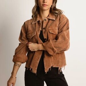POL Relaxed Fit Corduroy Trucker Jacket in Teddy Bear Brown Cropped with Raw Hem